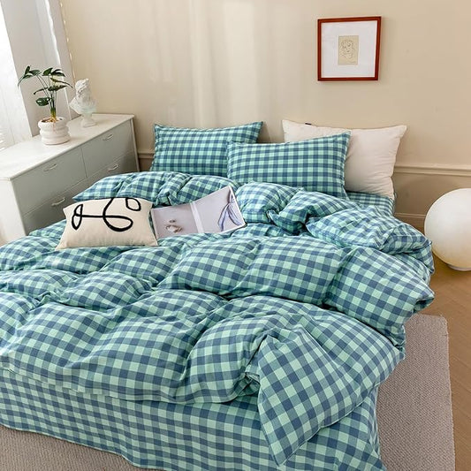 VM VOUGEMARKET Green Gingham Comforter Set Queen,Plaid Comforter with 2 Pillowcases for All Seasons,3 Pcs Modern Simple Grid Bedding Set for Men Women