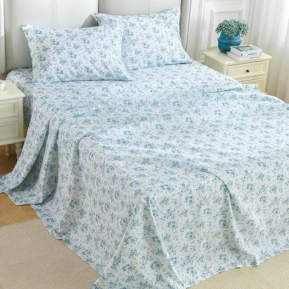 MUXHOMO Queen Size 4 Piece Sheet Set, Soft Breathable Bed Sheet Set for Bedroom with Deep Pocket Up to 16", Wrinkle-Free & Cooling Bedding for Oeko-TEX Certified - Blossoms Light Blue