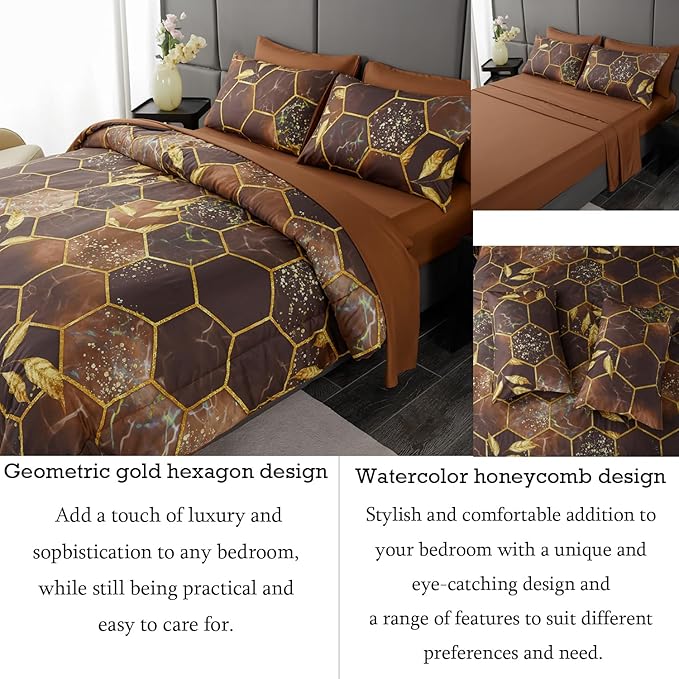 ANGIYUIN Brown Gold Comforter Sets King Size, Geometric Hexagon Bedding Sets, 7 Pieces Marble Comforter Honeycomb Bed in A Bag, Foil Print Bed Sets for Women Men(Brown, King)