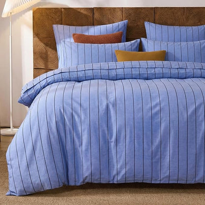 Merryword Blue Striped Duvet Cover Set King Size, 100% Cotton Denim Blue Bedding Set with Zipper Closure & 8 Corner Ties, Luxury Linen Like Bedding, Soft Breathable Comforter Cover for All Seasons