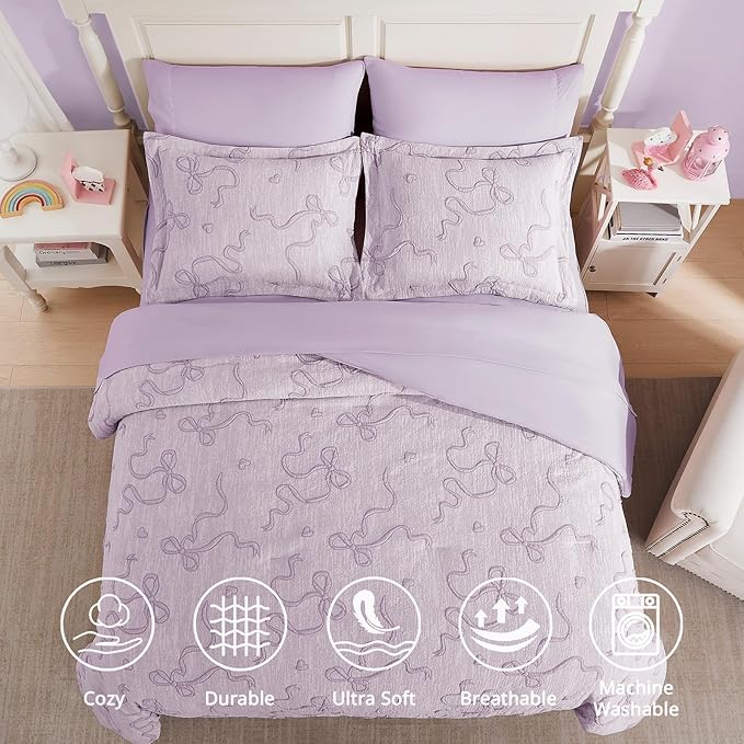 Geniospin Light Purple Queen Comforter Set for Girls- 7 Pieces Bowknot Jacquard Bed in A Bag Queen Bedding Sets with Sheets, Pillowcases & Shams, All Season Kids Comforter Set