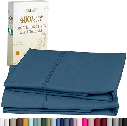 Standard Queen Size Pillowcase Set - 400 Thread Count, 100% Cotton Sateen, Set of 2 Pillow Covers, Soft and Breathable - Peacock Blue