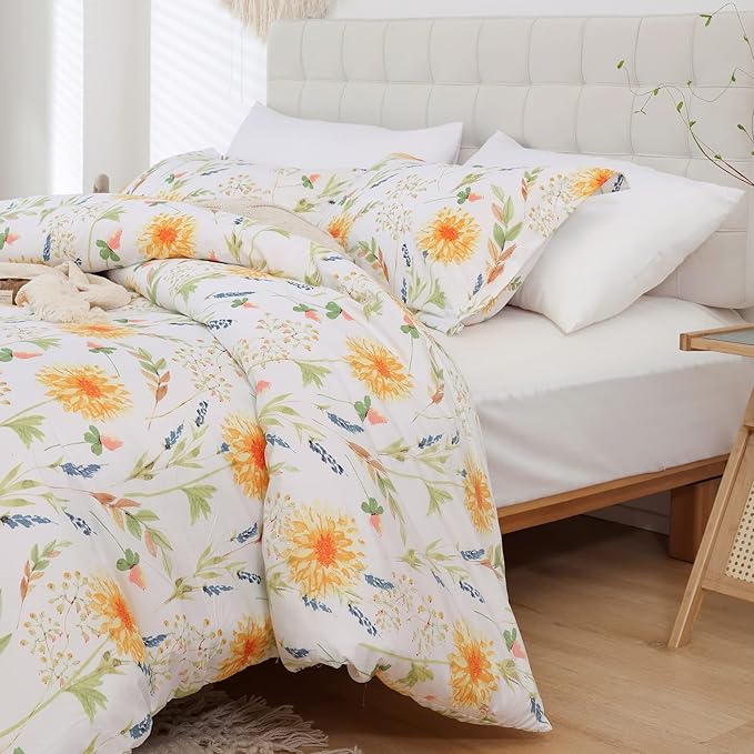 JSD Yellow Floral Duvet Cover Set King Size, 3 Piece Spring Printed Microfiber Comforter Covers Zipper Closure