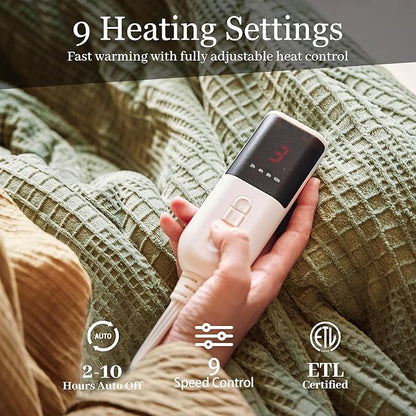 Electric Blanket Full Size 72''X84'' - Heated Blanket with Single Control Fast Heating 9 Heating Levels & 10 Hours Auto Off,ETL Certified Machine Washable (Gray Green)