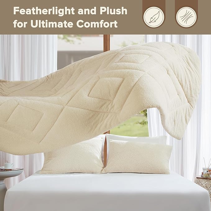 Comfort Spaces Queen Comforter Set Reversible Feather-Soft Plush Comforters for Queen Size Bed All Season Lightweight Shearling Fleece Sherpa Comforter Queen Size Bed Set, Full/Queen, Ivory 3 Piece
