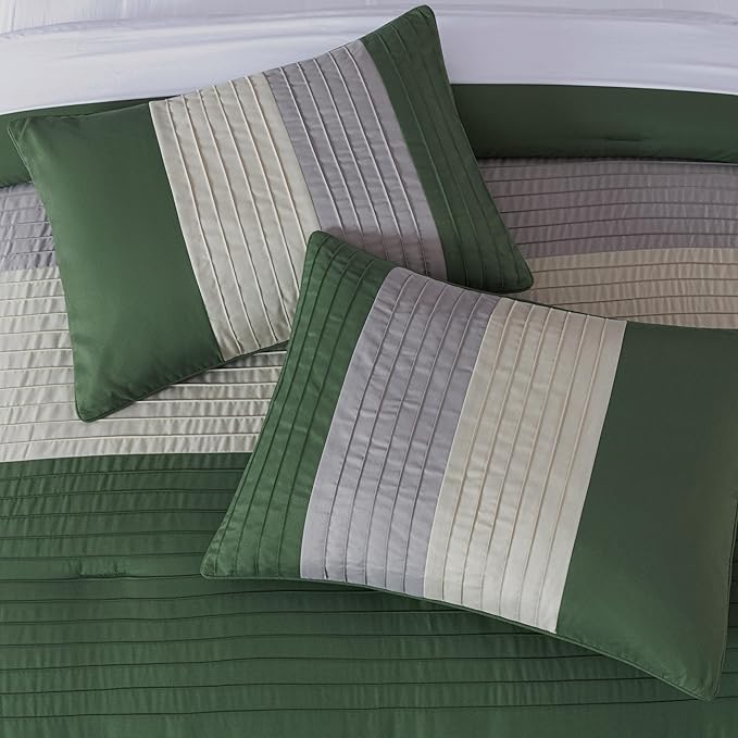 Chezmoi Collection Loft 8-Piece Full Comforter Set, Forest Green/Gray/Cream Luxury Striped Bedding for All Season