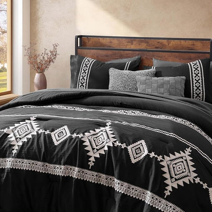 MaiRêve Embroidery Comforter Set, Boho Farmhouse Western Bedding Set, All Season Bed in A Bag Comforter Set with Sheets, Pillowcases & Shams, Black Oversized Queen 7 Pieces