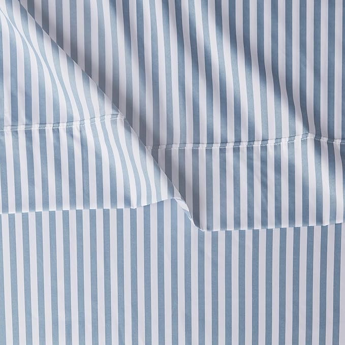 Amazon Basics Breathable, Brushed Microfiber Wrinkle Resistant 3 Piece Bed Sheet Set with 14-Inch Deep Pockets, Twin, Dusty Blue Pinstripe, Printed