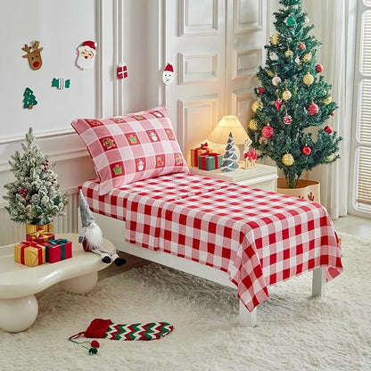 Christmas Toddler Bedding Set for Boys Girls Red White Plaid Colorful Holiday 4PC Toddler Bed Set - Cute Toddler White Bed in a Bag with Snowman Socks GIF Box