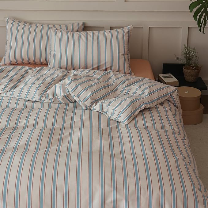 LifeTB Striped Duvet Cover Set Queen 3 Pieces Blue Brown Stripes Pattern Printed Bedding Set 100% Cotton Retro Striped Comforter Cover Comfy Soft Breathable Duvet Cover with 2 Pillowcases