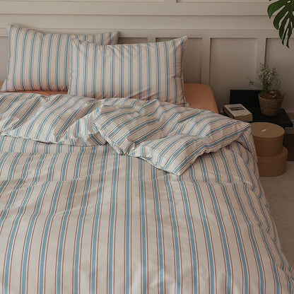 LifeTB Striped Duvet Cover Set King 3 Pieces Blue Brown Stripes Pattern Printed Bedding Set King 100% Cotton Retro Striped Comforter Cover Comfy Soft Breathable Duvet Cover with 2 Pillowcases