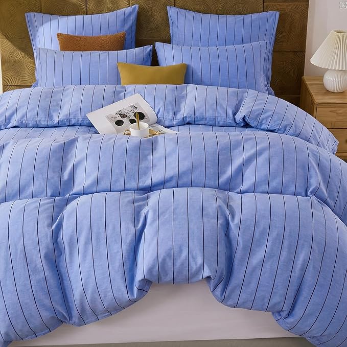 Merryword Blue Striped Duvet Cover Set Queen Size, 100% Cotton Denim Blue Bedding Set with Zipper Closure & 8 Corner Ties, Luxury Linen Like Bedding, Soft Breathable Comforter Cover for All Seasons