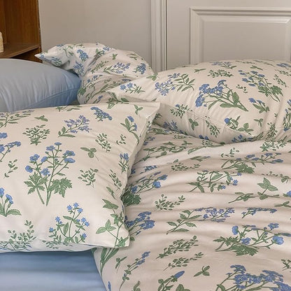 HighBuy Full Comforter Set Blue Floral Bedding Comforter Set Full White for Girl Green Botanical Coquette Bedding Set Bed Comforter with 2 Pillowcases,Boho Comforter Sets Garden Bedding Sets