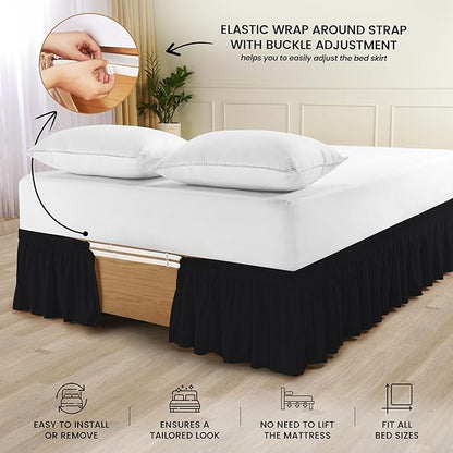 Wrap Around Ruffle Twin Size Bed Skirt – Adjustable Buckle & Elastic Belt for Easy Installation, 15 Inch Drop – Brushed Microfiber - Machine Washable, Fade and Wrinkle Resistant, Black