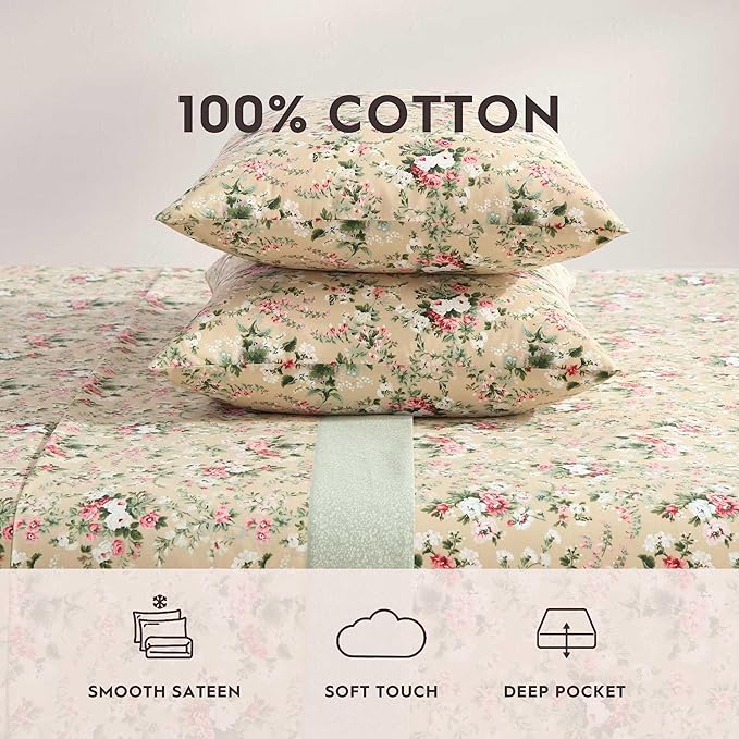 Laura Ashley - Twin Sheet Set, Breathable Percale Cotton Bedding with Deep Pockets, Chic Home Decor, Oeko-Tex Certified (Serene Dream Brown, Twin)