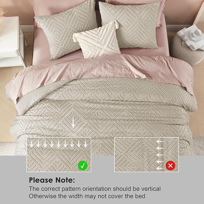 Litanika Oatmeal Super King Size Comforter Set, 3 Pieces Tufted Boho Farmhouse Bedding Comforter Sets, Lightweight Fluffy Comforter Bed Set for All Season (120x120In Comforter and 2 Pillowcases)