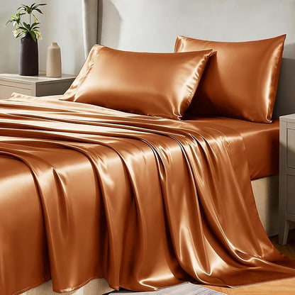 CozyLux Satin Sheets Queen Size Bed Set - 4 Piece Silky Queen Sheet Set, Luxury Terracotta Queen Sheets with Smooth and Soft Microfiber, Includes 1 Fitted Sheet, 1 Flat Sheet and 2 Pillowcases
