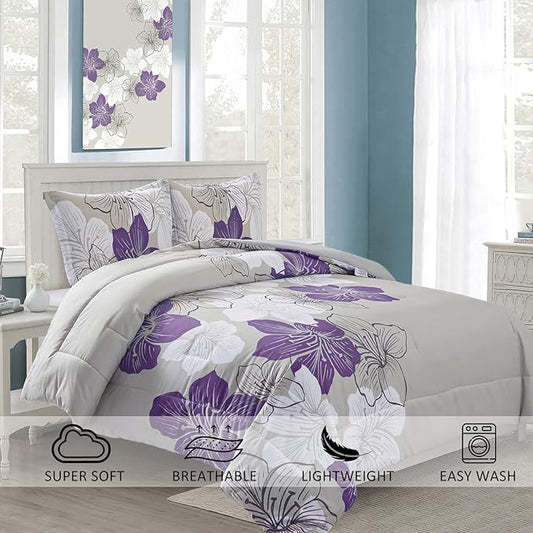 Menghomeus Queen Comforter Set Purple Floral Pattern Printed on Grey, Soft Microfiber Bedding Set Lightweight Bed Comforter Set for All Season (1 Comforter, 2 Pillowcases)