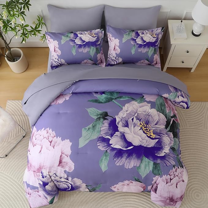 Dobuyly Floral Comforter Set Queen 7 Piece Bed in a Bag, Purple Pink Flower Comforter Set with Sheets, Soft Microfiber Botanical Flower Bedding Set for All Season