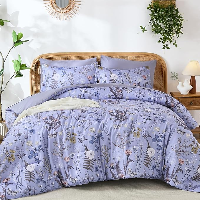 Yiran Queen Comforter Set 7 Piece, Purple Floral Bedding Set, Bed in a Bag Queen Size with Botanical Flowers Spring, Soft Lightweight Lavender Comforters with Sheets Complete for All Season