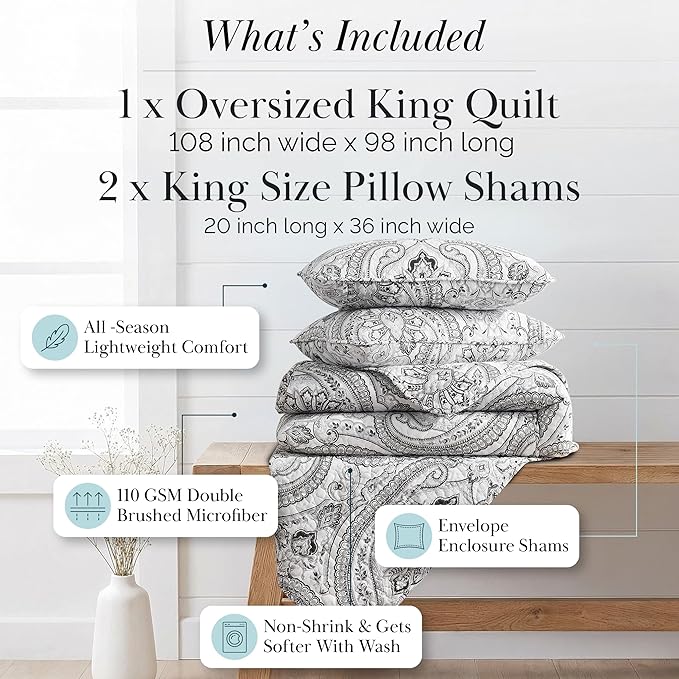 Southshore Fine Living, Inc. Boho King Quilt Set, Lightweight Bedspread, Summer Coverlet, 3-Piece Paisley Bedding Set with Two Matching Quilted Pillow Shams, California/King Quilts, Black