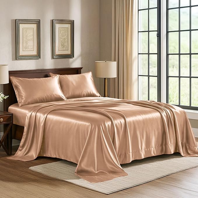 Satin Sheets Twin [3-Piece, Rose Gold] Hotel Luxury Silky Bed Sheets - Extra Soft 1800 Microfiber Sheet Set, Wrinkle, Fade, Stain Resistant - Deep Pocket Fitted Sheet, Flat Sheet, Pillow Cases