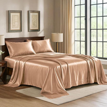 Satin Sheets Twin [3-Piece, Rose Gold] Hotel Luxury Silky Bed Sheets - Extra Soft 1800 Microfiber Sheet Set, Wrinkle, Fade, Stain Resistant - Deep Pocket Fitted Sheet, Flat Sheet, Pillow Cases