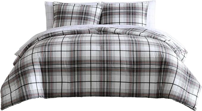 Eddie Bauer - Queen Comforter Set, Reversible Cotton Bedding with Matching Shams, Plaid Home Decor for All Seasons (Alder Grey/Red, Queen)