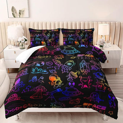 Cartoon Space Comforter Set for Kids Boys Girls,3 Pieces Outer Space Bedding Full Size,Rocket Planet Spaceship Travel Toddler Bedding Set for Teen Boy Room Decor with 1 Comforter 2 Pillowcase