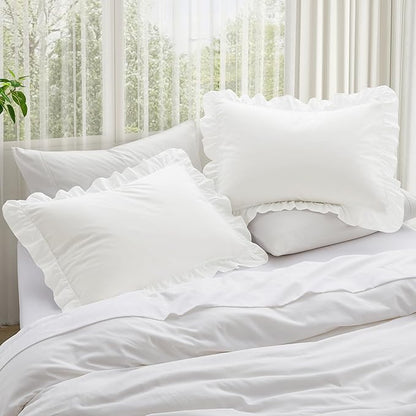 KKJIAF Ruffle Pillow Cases Queen Size Set of 2, Ruffled Pillow Covers with Envelope Closure, Wrinkle Resistant Pillowcases 20" x 30", Ruffled Pillow Shams, White