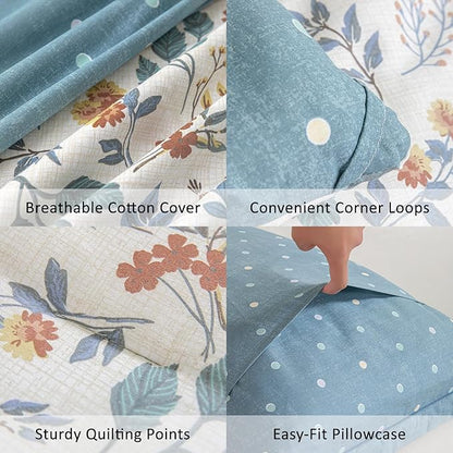 Botanical Cotton Comforter Twin Size - Lake Green Comforter with Dusky Blue & Warm Rust Leaves on Ivory,Reversible Lightweight Bedding Sets 2Pcs(Polka Dot,68"×90")