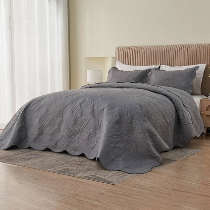 Kingnex Oversized King Bedspreads 128x120 Extra Wide for Tall King or Cal King Bed Ultrasonic Quilted Coverlet Set 3 Piece Include 1 Quilt 2 Pillowcases Dark Grey