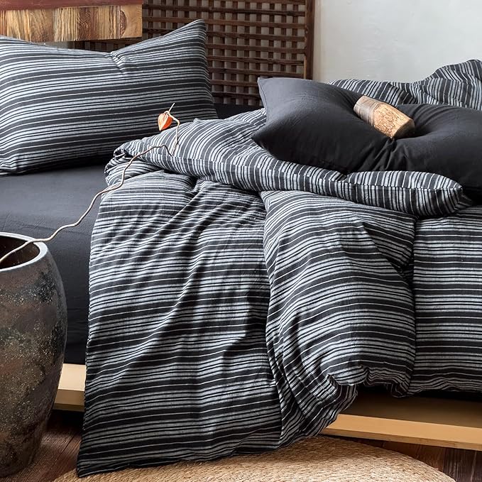 EAVD Retro Black Striped Duvet Cover Twin Soft 100% Washed Cotton Reversible Striped Pattern Bedding Set with 2 Pillowcases Farmhouse Geometric Duvet Cover with Zipper Closure