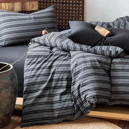 EAVD Retro Black Striped Duvet Cover Twin Soft 100% Washed Cotton Reversible Striped Pattern Bedding Set with 2 Pillowcases Farmhouse Geometric Duvet Cover with Zipper Closure
