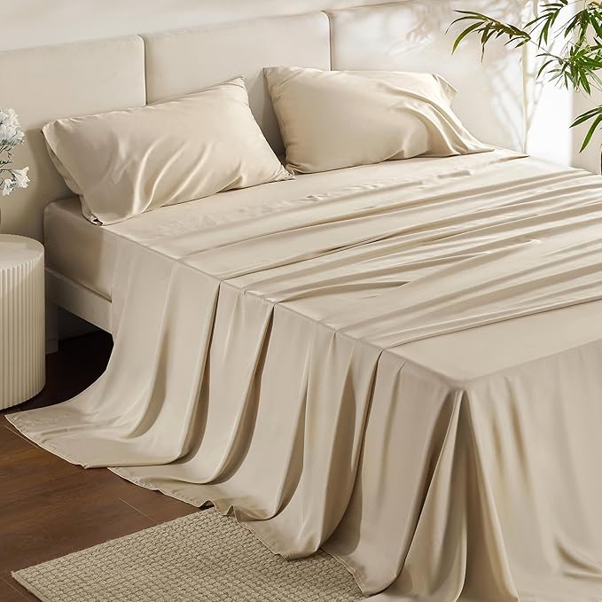 Bedsure California King Sheet Sets, Cooling Sheets for Hot Sleepers, Rayon Derived from Bamboo, Deep Pocket Up to 16 Inches, PureWoven, Breathable & Soft, Hotel Luxury Silky Bedding, Beige