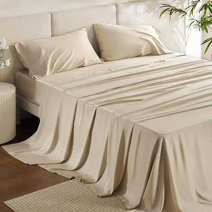 Bedsure Full Size Bed Sheets, Cooling Sheets, Rayon Derived from Bamboo, PureWoven, Breathable & Soft, Deep Pocket Up to 16 Inches, Hotel Luxury Silky Bedding for Hot Sleepers, Beige