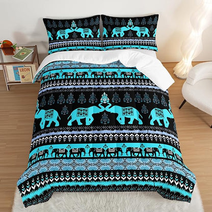 Western Comforter Set Queen Size Elephant Print Bedding for Kids,Blue Series Animal Themed Bedding Set for Boys Girls Room Decor,Boho Bedding Comforter Sets with 2 Pillowcases.