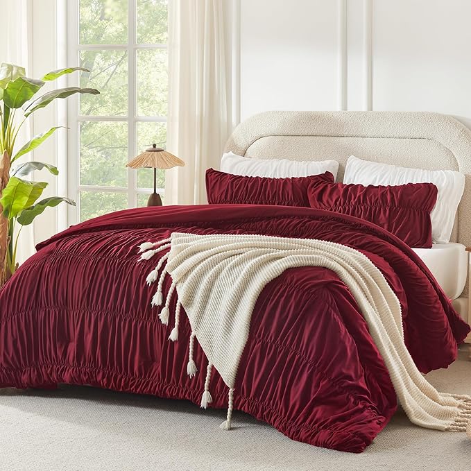 Andency Ruched Burgundy Oversized Queen Size Comforter Sets, Shabby Chic Pleated Bedding Sets 3 Pieces, Lightweight Soft Boho Ruffle Bed Set for Girls, Kids, Women, All Season