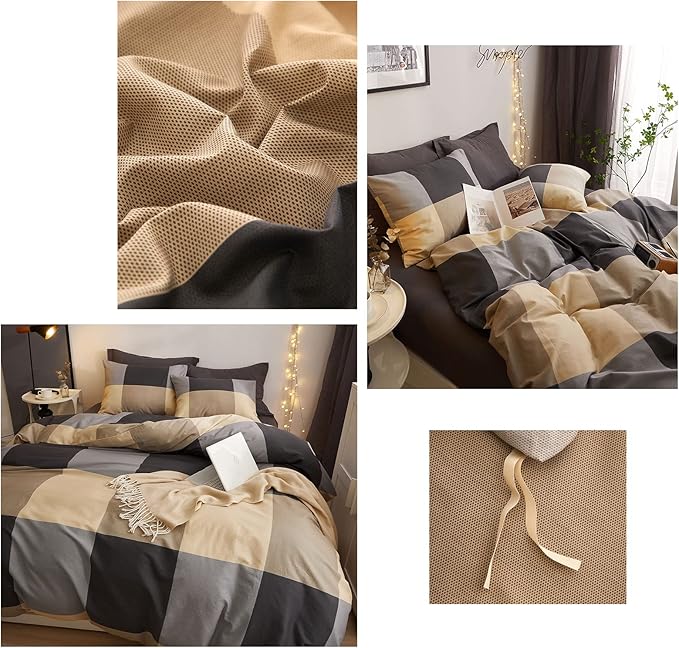 HighBuy King Size Comforter Set Khaki Plaid Comforter Sets King Gingham Checkered Grid Bedding Comforter Modern Geometric Pattern King Bed Comforter Set for All Seasons with 2 Pillowcases