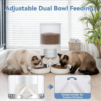 Sweetcrispy Automatic Cat Feeder for 2 Cats, 6L Automatic Pet Feeder, White | 25.3 Cups, 2 Stainless Bowls, Programmable Schedule, 6 Meals/Day, 50 Portions/Meal, Dual Power Supply, 10s Meal Call