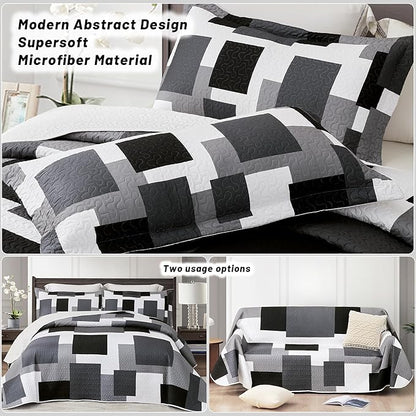 3 Piece Black Grey Quilt Set King Size Black White Gray Geometric Reversible Bedding Set Microfiber Lightweight Bedspread Coverlet with 2 Shams Modern Bed Covers for All Season, 106''x96''
