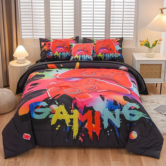 Aimuan Gamer Gaming Bedding Sets 3D Gamepad Comforter Sets for Boys Games Console Action Buttons Novelty Colorful Game Controller Modern Room Decor Home Quilt Set (Black, Full 6PCS)