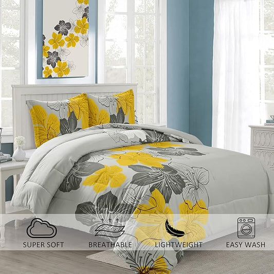 Menghomeus California King Comforter Set Yellow Floral Pattern Printed On Grey Cal King Bedding Set Soft Microfiber Boho Bed Set for All Season, 3 Pieces