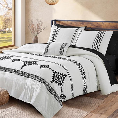 MaiRêve Embroidery Comforter Set, Boho Farmhouse Western Bedding Set, All Season Bed in A Bag Comforter Set with Sheets, Pillowcases & Shams, White California King 7 Pieces