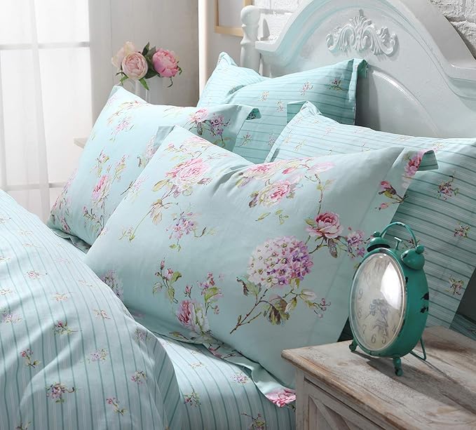 FADFAY French Country Duvet Cover Set King/California King 100% Cotton Floral Bedding Farmhouse Hydrangea Flower and Rose Floral Shabby Comforter Covers with Hidden Zipper - No Filling