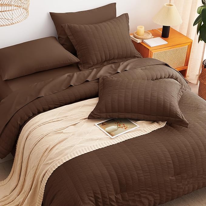 CozyLux Oversized Queen Comforter Set Brown Seersucker 7 Pieces 98x98 Bed in a Bag Comforter Set with Sheets, Luxury Soft Bedding Sets with Down Alternative Comforter, Sheets, Pillowcases & Shams