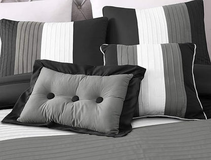 Chezmoi Collection Loft 8-Piece Luxury Striped Comforter Set (Queen, Black/Gray/White)