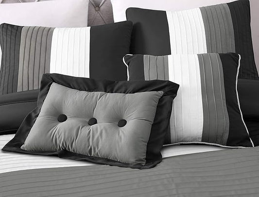 Chezmoi Collection Loft 8-Piece Luxury Striped Comforter Set (Queen, Black/Gray/White)