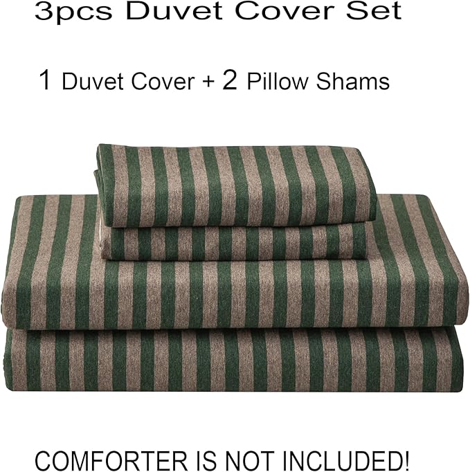 PURE ERA Forest Green Stripe Jersey Duvet Cover Set King Size 100% T-Shirt Heather Cotton Super Soft Comfy Classic Striped Design, with Zipper Closure