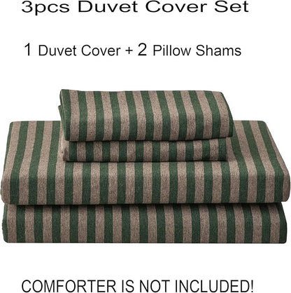 PURE ERA Forest Green Stripe Jersey Duvet Cover Set King Size 100% T-Shirt Heather Cotton Super Soft Comfy Classic Striped Design, with Zipper Closure